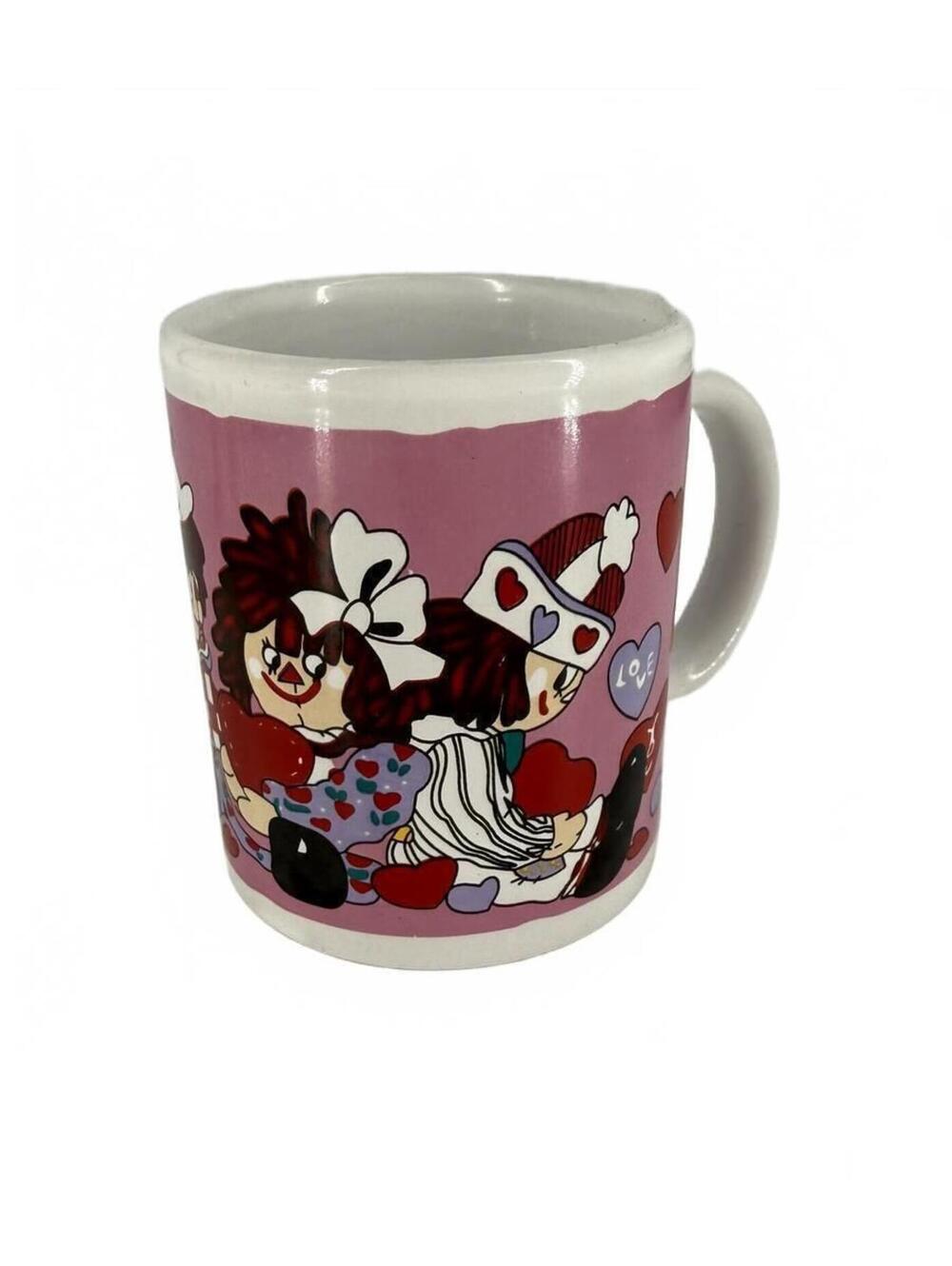 Vintage Raggedy Ann & Andy Valentine Coffee Mug Pink Hearts Cute Collectible Cup